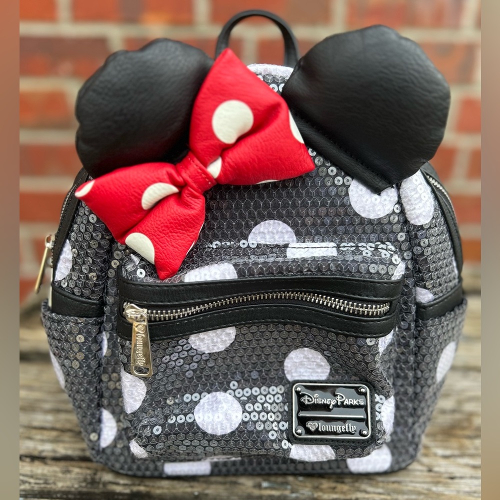 Disney Parks Loungefly Minnie Mouse Sequined Black White Polka Dot Mini Backpack
